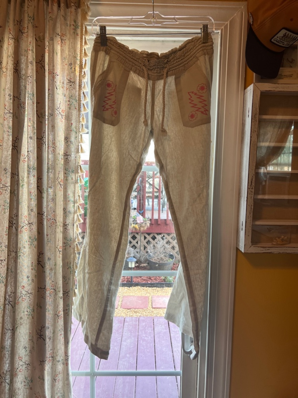 Roxy Cream Linen-Blend Drawstring Pants, Pink Grateful Dead Flower Bolt Added